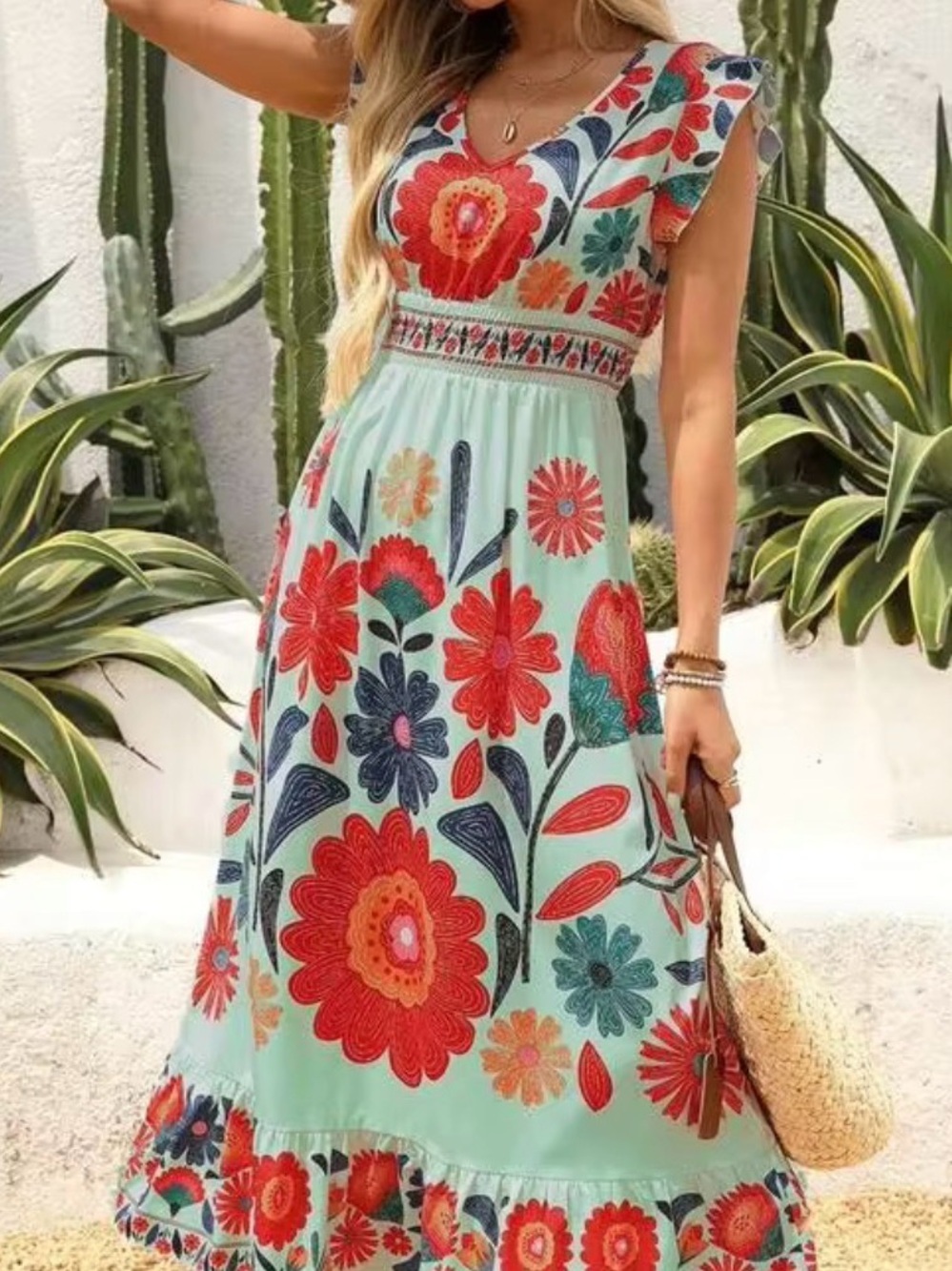 Floral Maxi Dress - Aqua with Red & Navy Floral Print